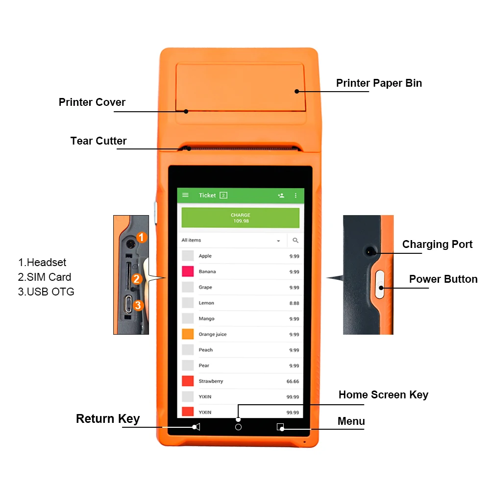 휴대용 PDA 안드로이드 11 단말기 POS 58mm 모바일 영수증 열전사 프린터 5.5''HD+ 지원 WiFi 1D/2D 스캐닝 POS 시스템