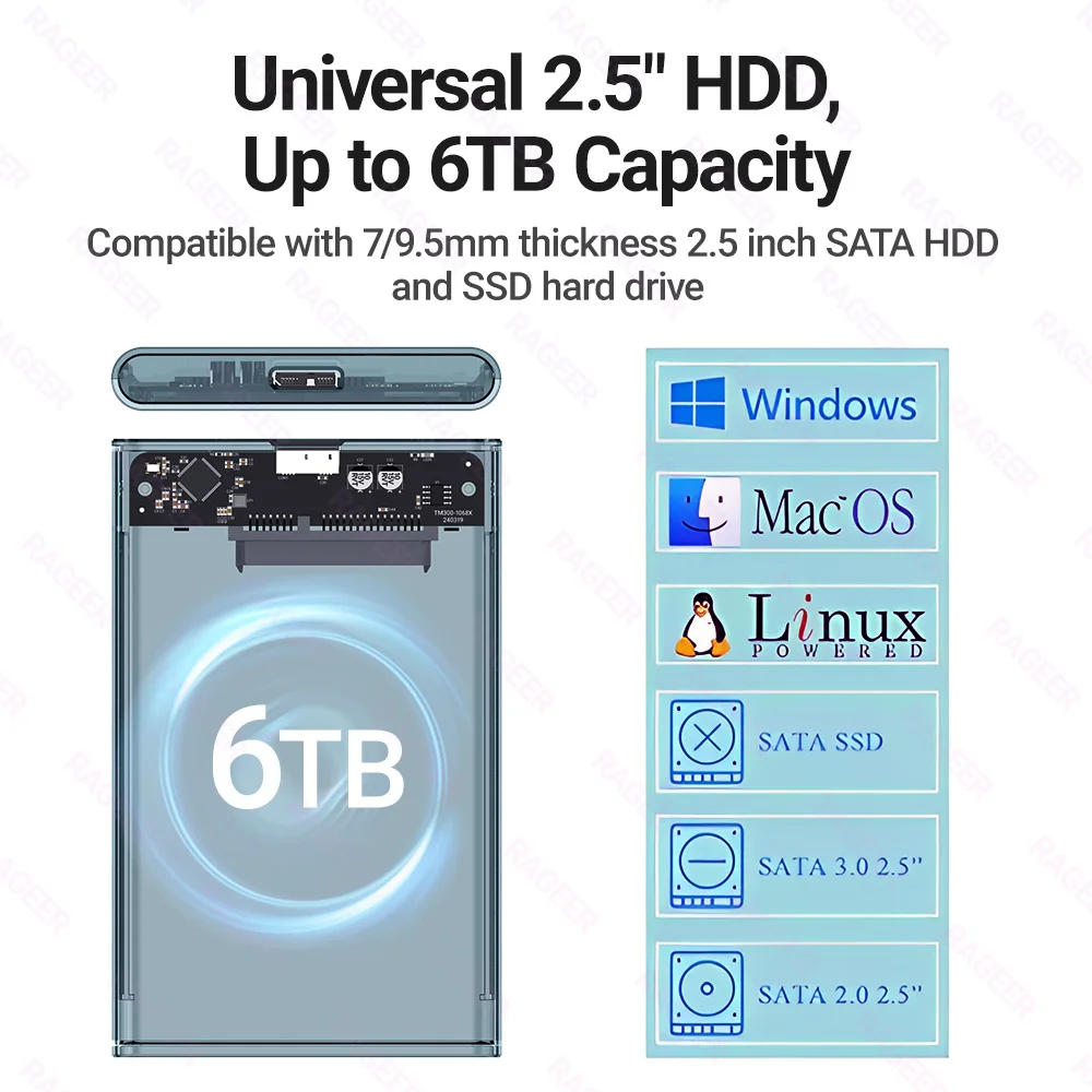 RAGEER 2.5인치 하드 드라이브 인클로저 - 공구 없이 설치, USB 3.0 UASP 지원, 2.5인치 SATA SSD 및 HDD용 5Gbps 속도, 플러그 앤 플레이 지원