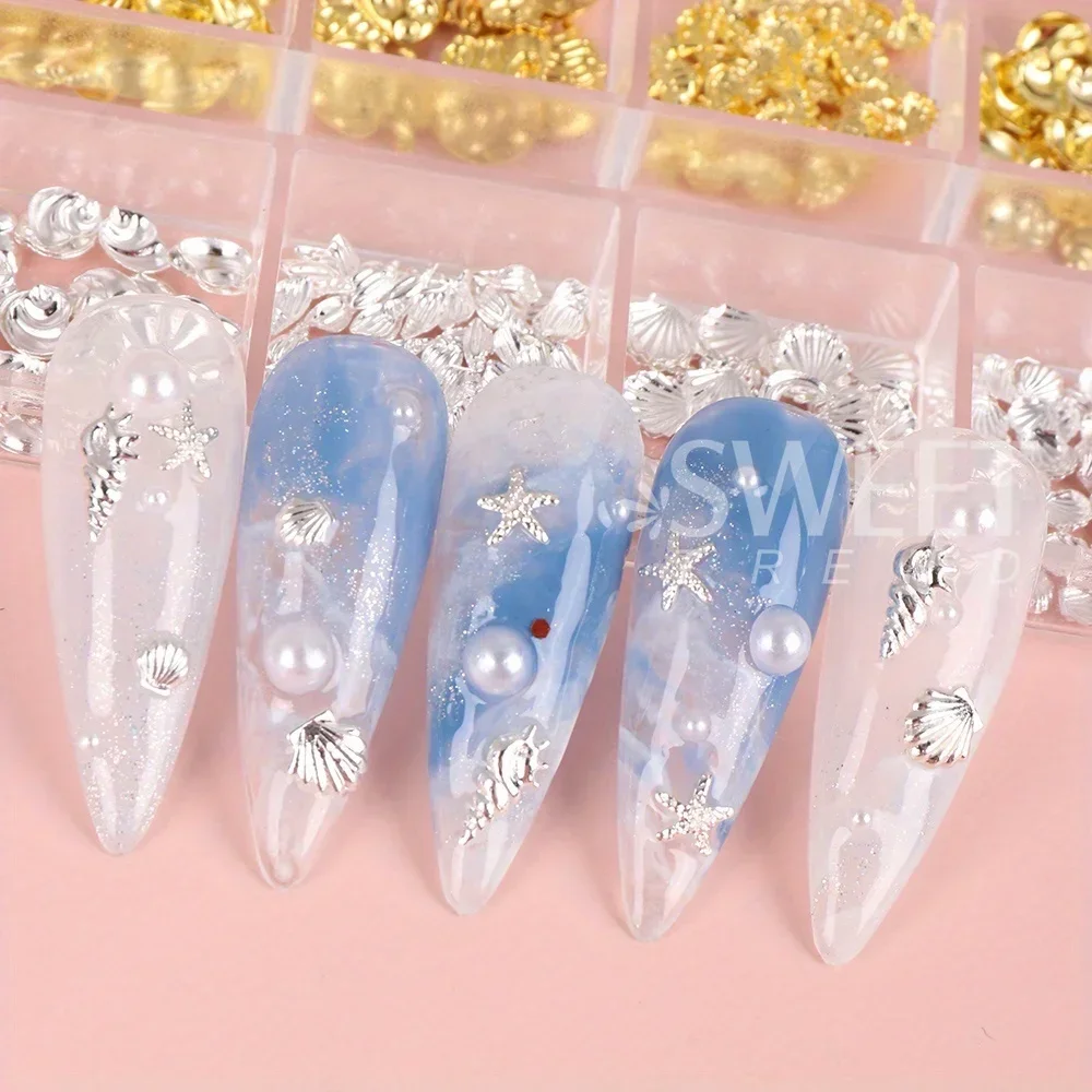 12 Grid Metal Rivet Summer Ocean Nail Jewelry Gold Silver Starfish Shell Conch shape DIY Nail Charm Parts Decoration Accessories