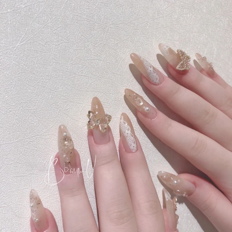 

Fake nail patch, nude lace bow wearable, detachable manicure