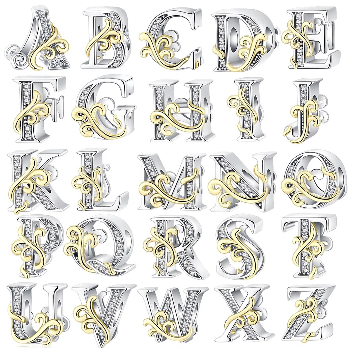 

925 silver 26 letters retro fashion golden pendant fit pandora original bracelet charm beads necklace Diy female jewelry