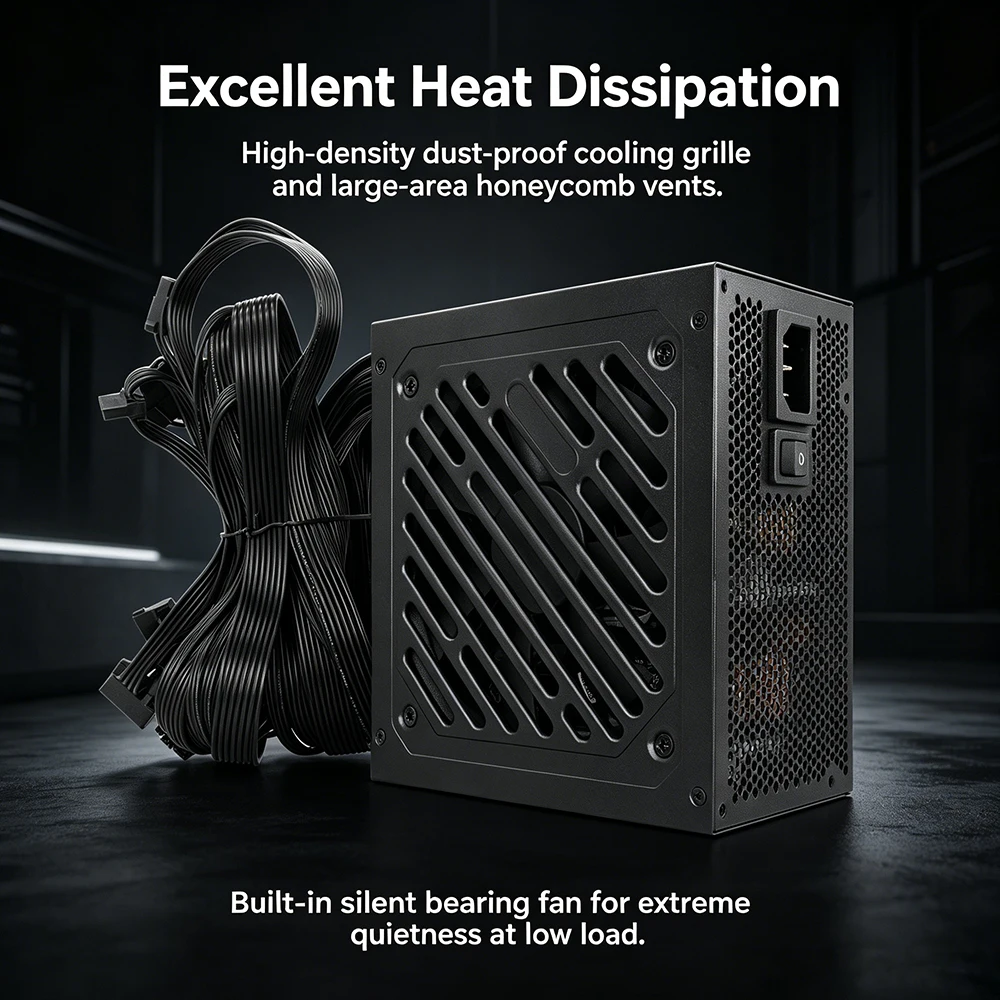 850W ATX 전원 공급 장치 80+ Gold, PCIe 5.0 12VHPWR, 액티브 PFC 100-240V, 저소음 12cm 팬, 비모듈식 플랫 케이블, +12V 70.8A
