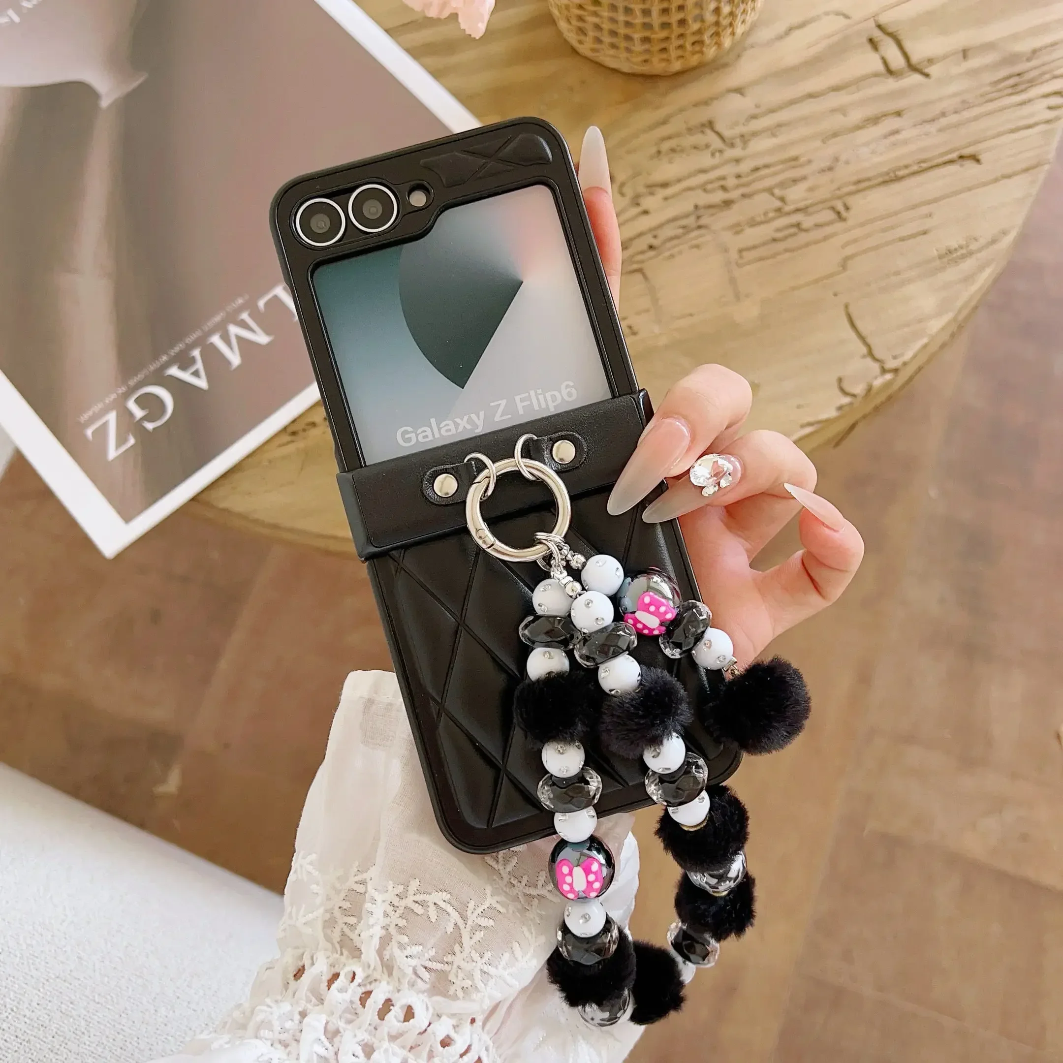 Cute Bobbles Glitter Bead PU Leather Wrist Strap Phone Case with Hinge Protection and Shockproof Cover