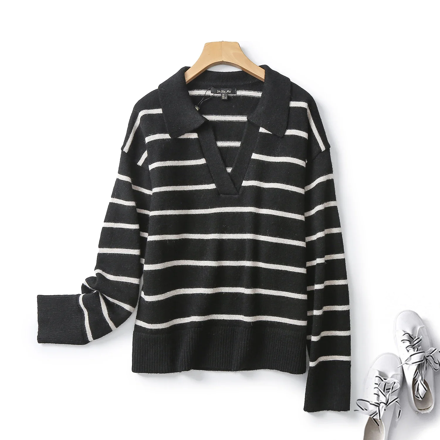 

Ethereal MD 2023 autumn new style of Women's casual lazy soft waxy wool blend striped Polo neck sweater