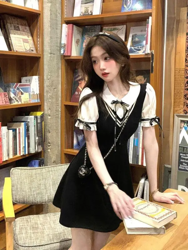 

Preppy Dress Fake Two Female Students Summer Small Polo Collar Matching Receive Waist High and Thin Skirts