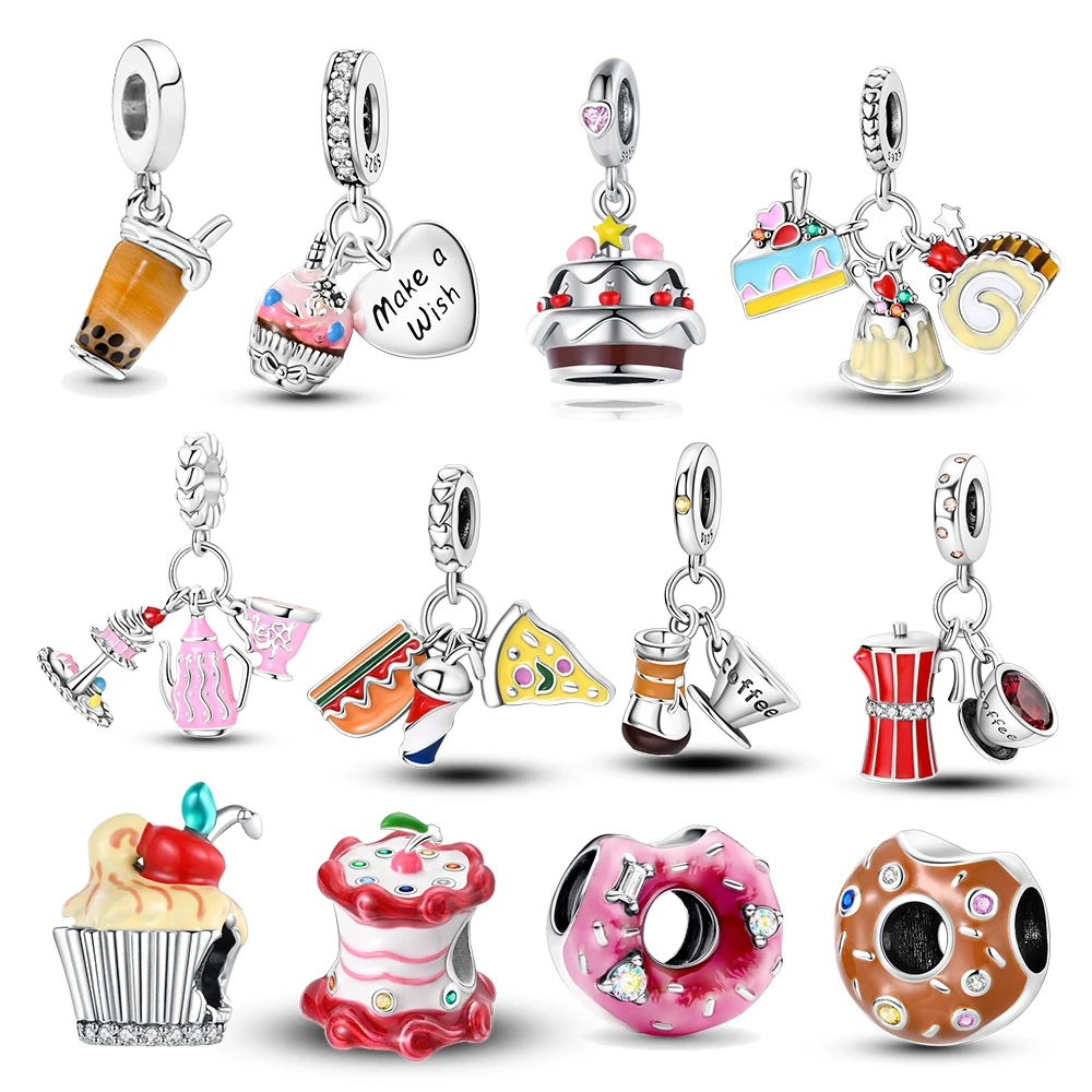 Cibo Delizioso 925 Sterling Silver Donut Cake Dessert Frutta Fine Wine Bead Pendant Fit Pandora Bracciale Boutique Jewelry Gift
