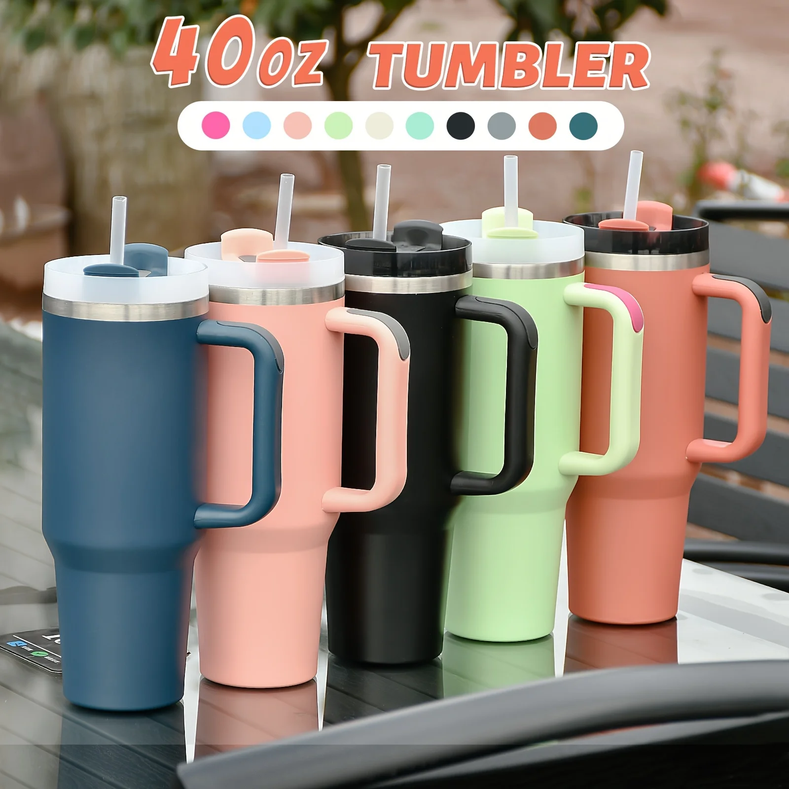 40oz Stainless Steel Car Cup Large Capacity Water Cup with Handle and Straw Double-walled Insulated Travel Mug Holiday Gifts