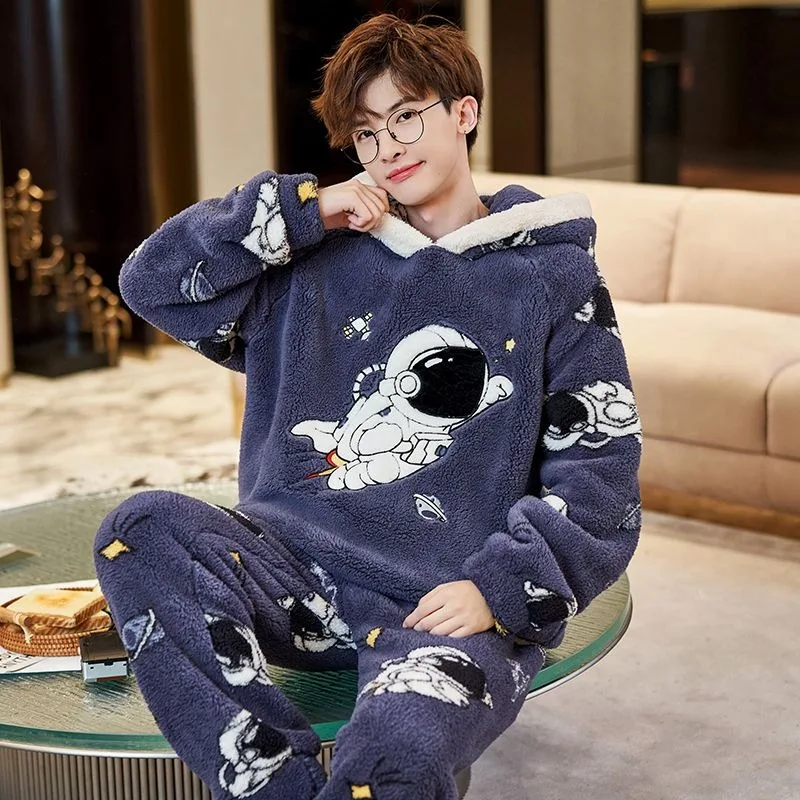 

2024 New Pajamas Men Winter Plush Hooded Loungewear Long-sleeved Flannel Male Padded Coral Velvet Suits Household Clothes Set
