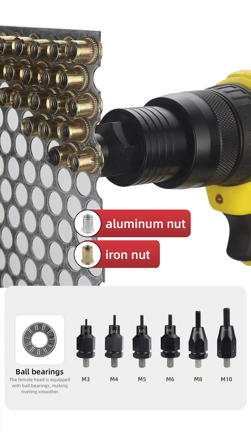 HIFESON Electric Rivet Gun Rechargeable Automatic Rivet Nut Gun Riveting Tool Nut Head M3-M10 Without Battery