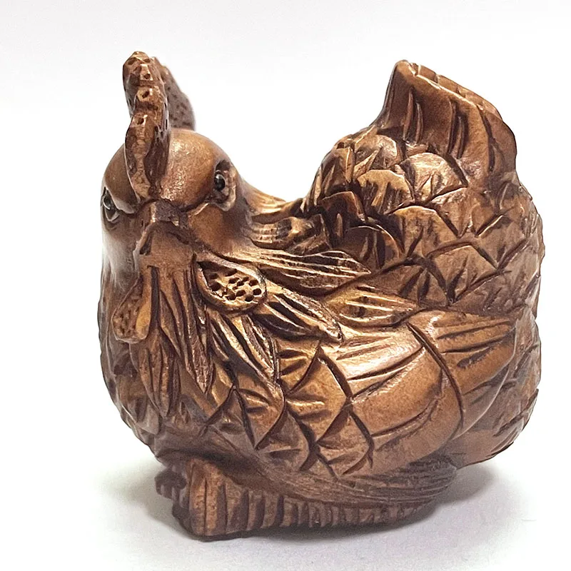 Y087 - Collectible 20 Years Old 2" Hand Carved Boxwood Netsuke Figuring Carving : Pretty Hen