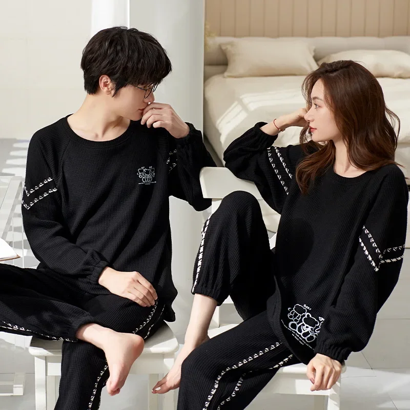 

Spring Cotton Waffle Long Couple Sleepwear Sporty Pajama Korean Pajamas Set for Man Fashion Trendy Woman Pijama Casual Nightwear