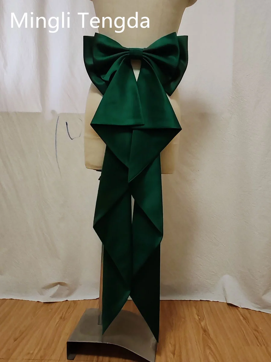 Mingli Tengda Dark Green Seperate Satin Bow Wavy Tie Wedding Knots Removeable Prom Dresses Satin Belts With Pin Accessories
