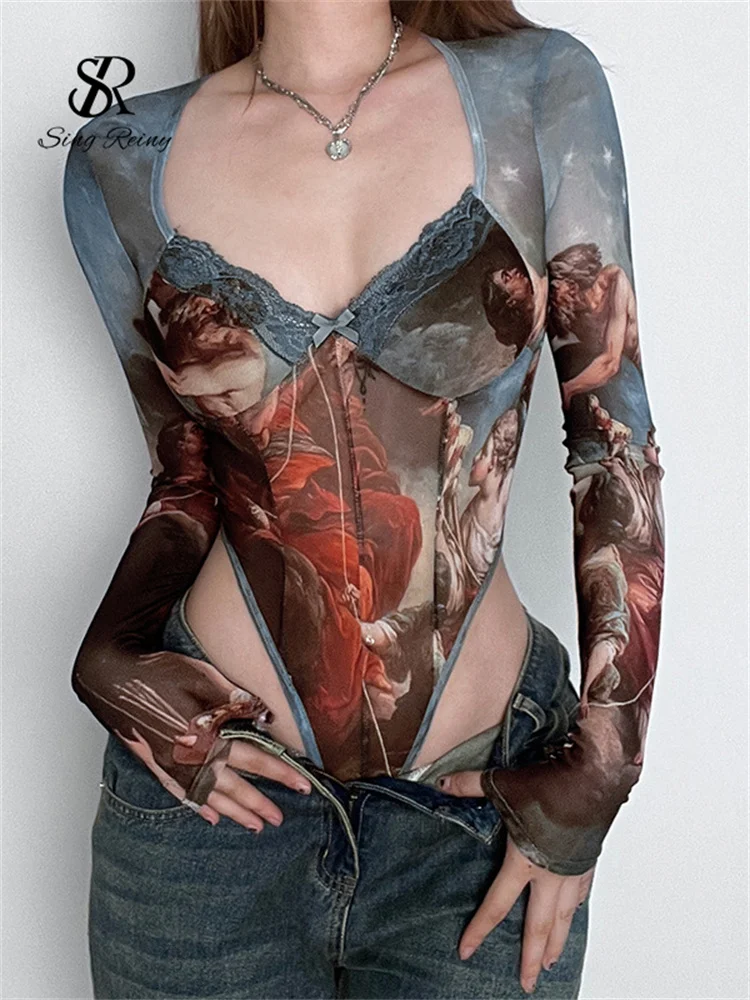 Fashion Gauze Print Bodysuits V Neck Lace Spliced Skinny Rompers Top Female Long Sleeve Streetwear Sensual Playsuits female bodysuits