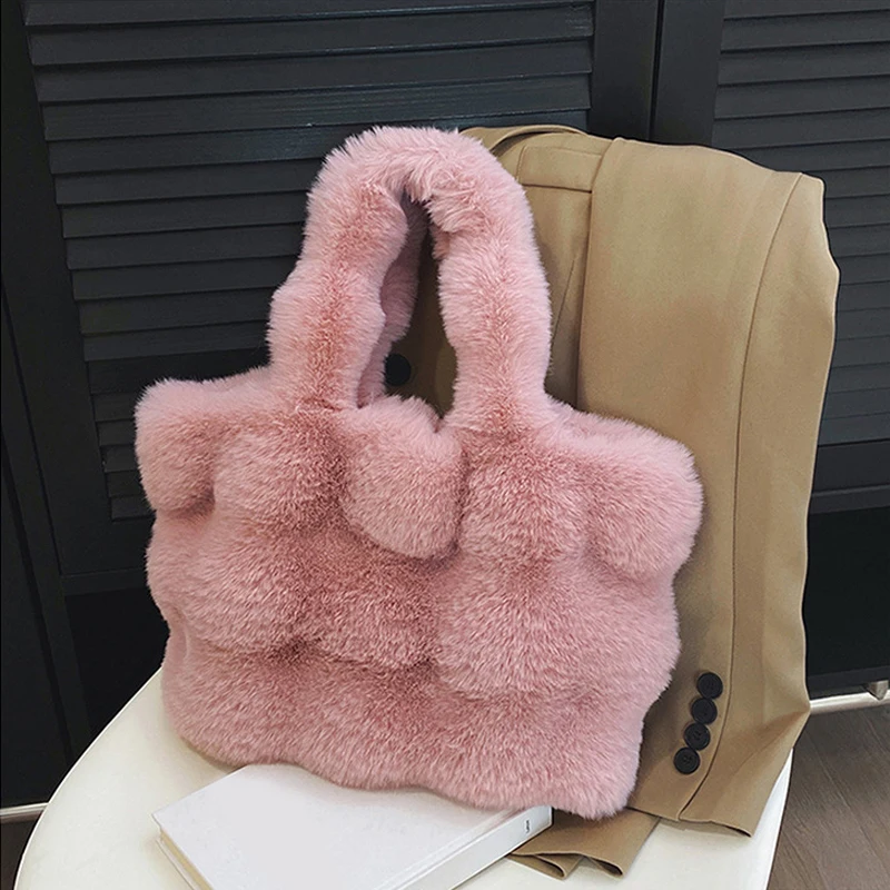 New Women Fluffy Shoulder Bags Autumn Winter Top-handle Handbag Girls Plush Tote Bag Solid Color Commuter Versatile Handle Bag