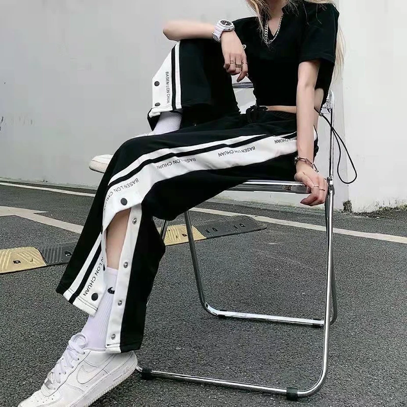 

Button Striped Pocket Elastic Waist Wide Leg Pants Korean Street Spring Fashion Loose Preepy Casual Woman Pants
