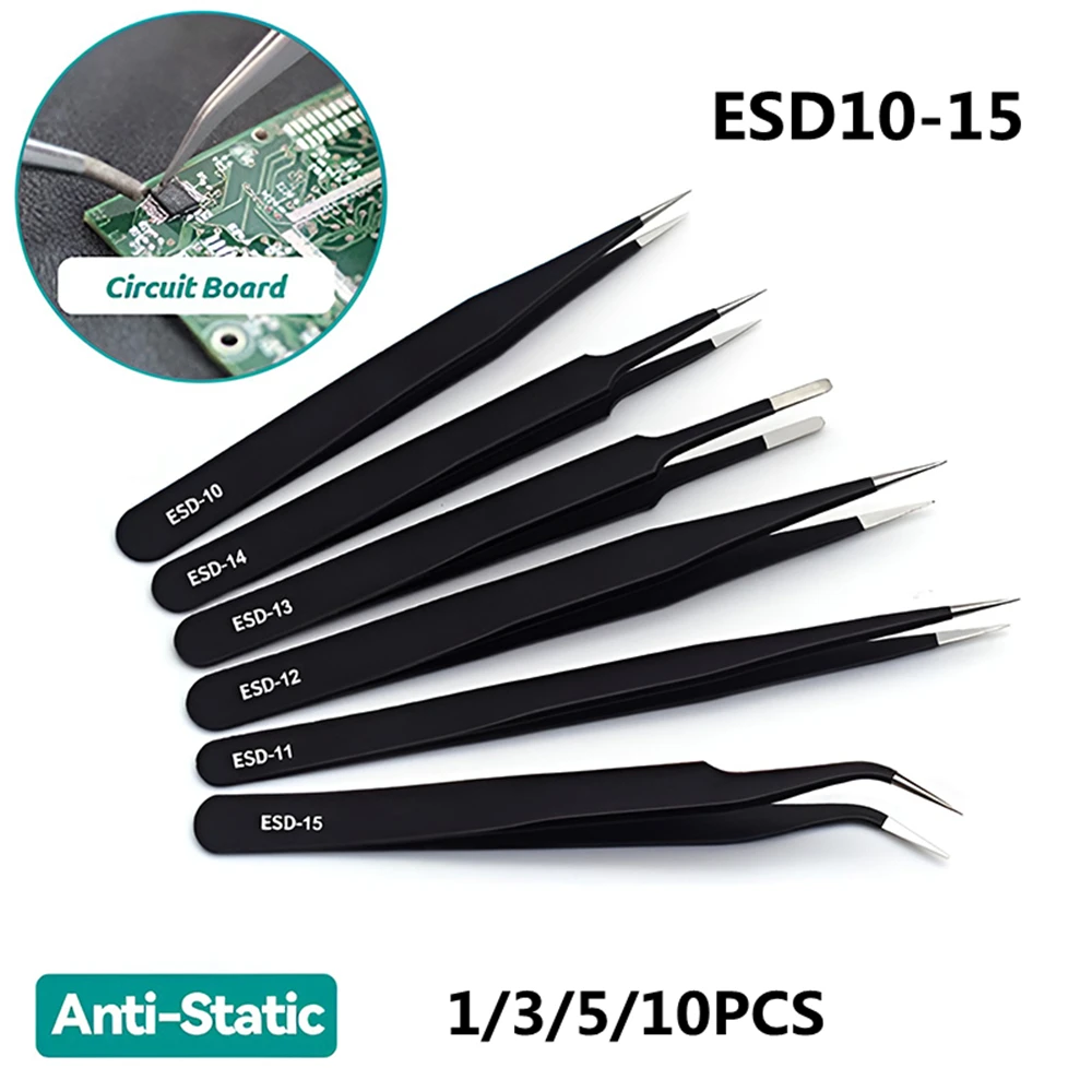 1/3/5/10PCS ESD10-15 Anti-Static Stainless Steel Tweezers Precision Industrial Repair Tools Home Working Model Making Tools Set