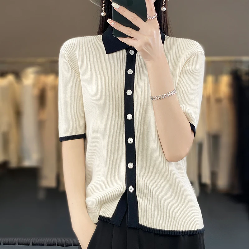 

100% Pure Cotton Polo Cardigan Short Sleeved Women's Summer Soft Knitted Breathable and Sweat Absorbing Office T-Shirt Top