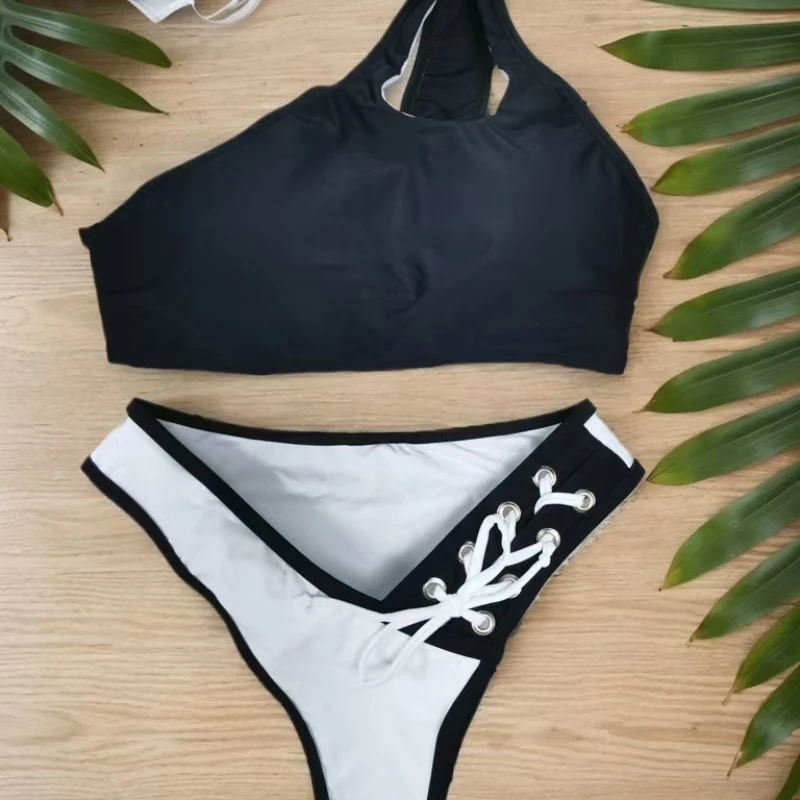 Sexy Swimsuit One-shoulder Black Bra High-waisted Briefs Two-piece Split Bikini