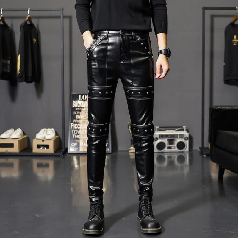

Personalized Rivet Leather Pants Men's Slim Fleece Thick Skinny Pants Male Teenager Black Punk Faux Leather Trousers