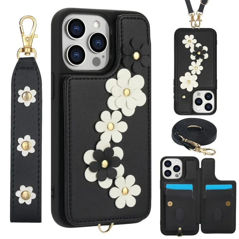 Crossbody Wrist Strap Flower Phone Case for IPhone 16 15 14 13 12 11 Plus Pro Max XS XR X 7 8 Wallet with Card Holder Shell Cover_voghion.com
