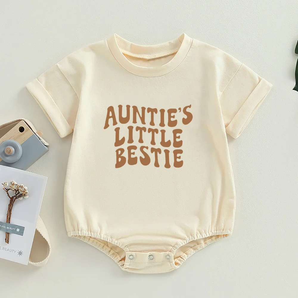 

Auntie's Little Bestie Bubble Romper Newborn Baby Girl Boy Clothes Summer Short Sleeve Crewneck Cute Bodysuit Top Outfit