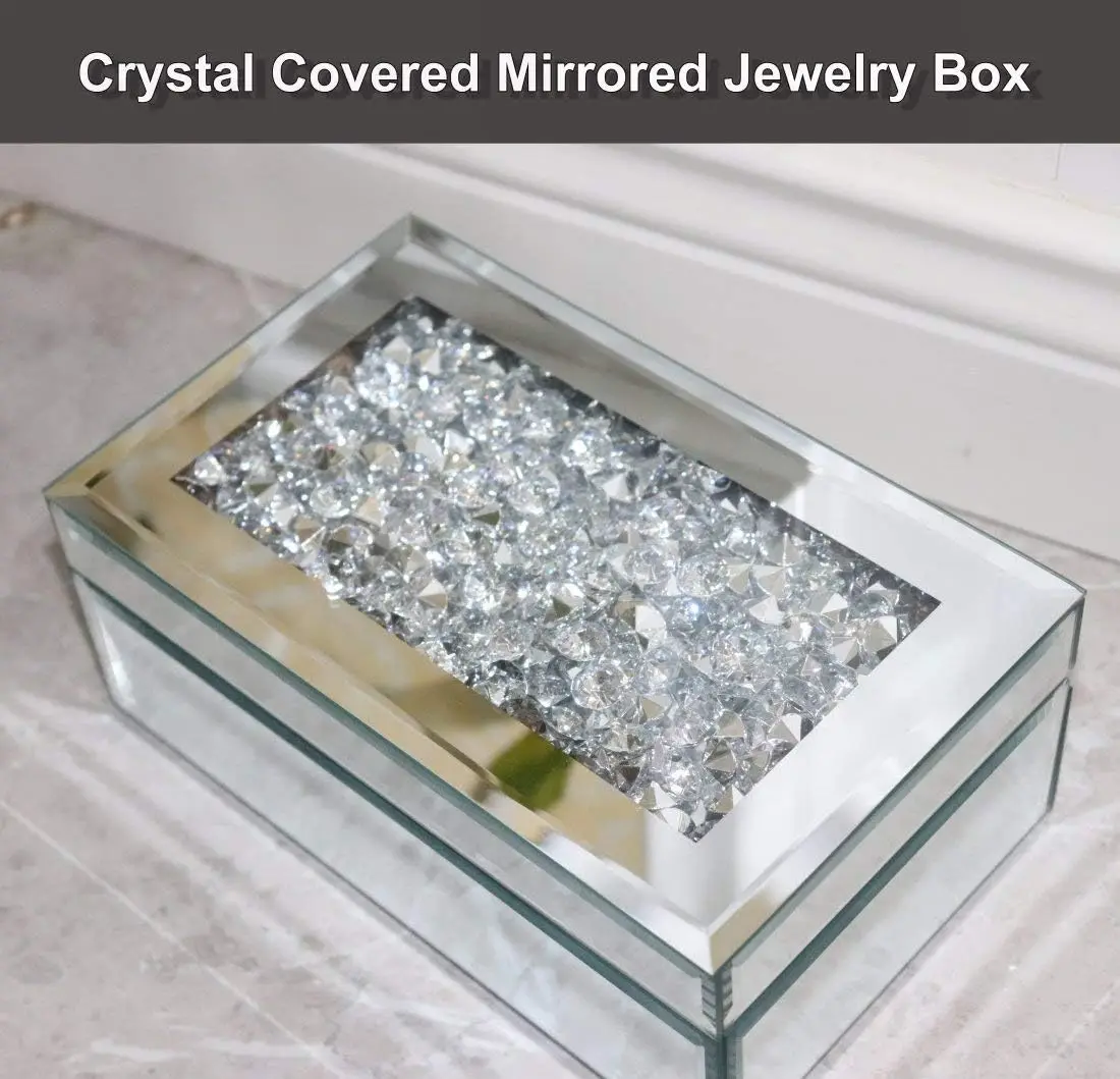Luxury Silver Crushed Diamond Glass Mirrored Jewelry Box Storage Earrings Necklace Makeup Drawer Organizers Gifts for Women 3
