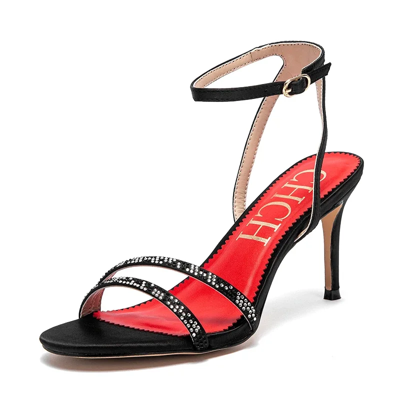 נעלי עקב גבוהות לנשים פשוטות עם עיצוב יהלומים עבודה מושלמת סנדלי נשים רב-תכליתיות