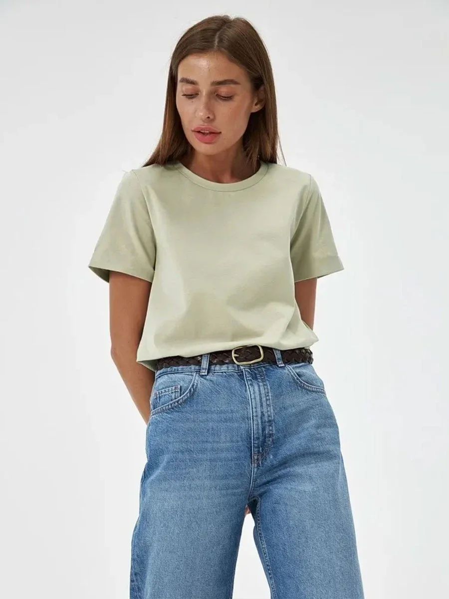 thumbnail image 1 of Camiseta de verano 100 % algodón para mujer de Bornladies, básica, moderna, lisa, de manga corta, holgada, 230 g/㎡, 1 of 5