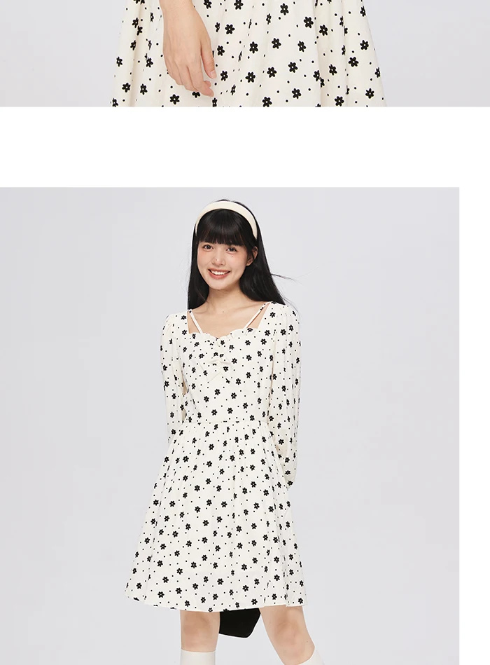 Dress Women Texture Fungus Edge Floral Dresses Temperament Autumn New Waist Square Collar Dress