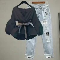 Women Elegant V-Neck Stripe Office Lady Suit Lantern Sleeve Bow Belt Trend Slim Casual Chiffon Shirt Top And Korean Ripped Jeans - Image 3