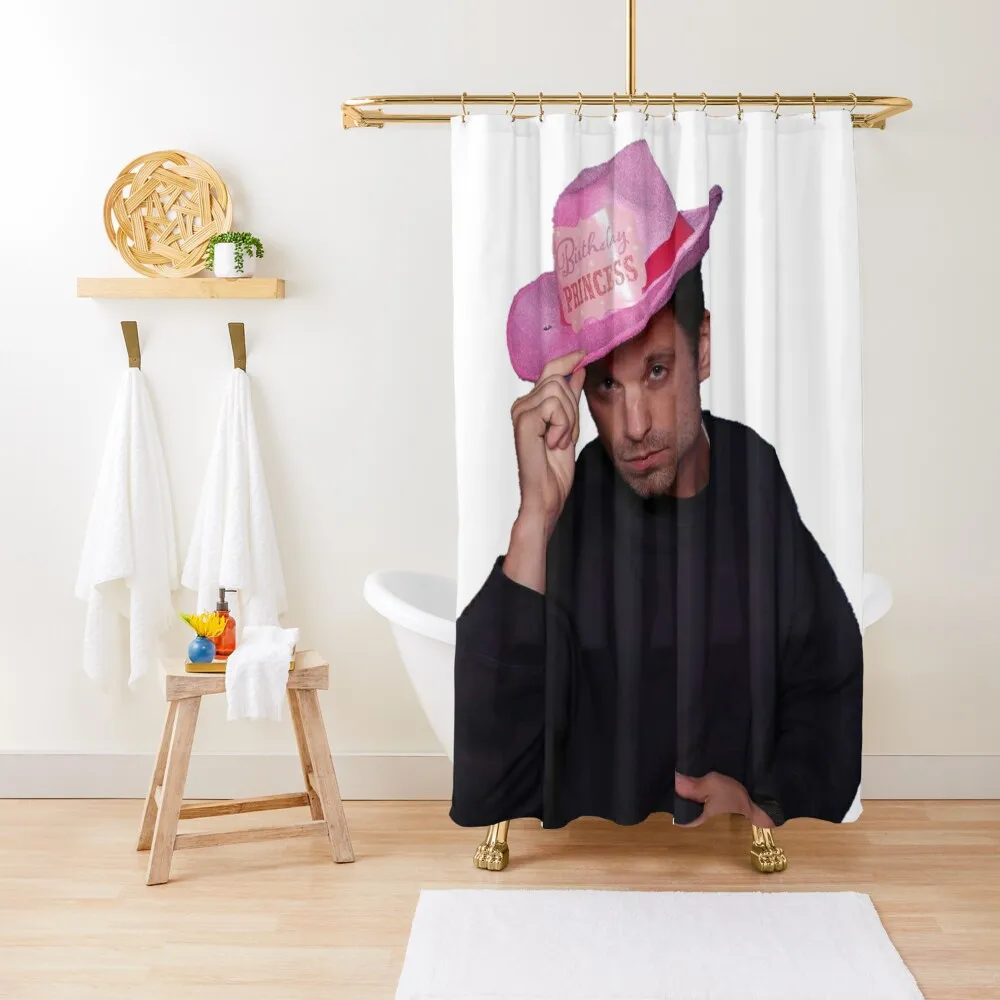 

Yee Haw! Sebastian Stan with Pink birthday Princess Cowboy Hat Shower Curtain Modern Bathroom Accessories Funny Shower Curtain