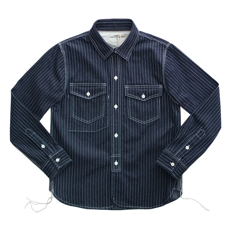 Denim Shirt 12.5oz Heavyweight American Vintage Casual Amekaji indigo Cotton Workwear Tops For Men Youth Male
