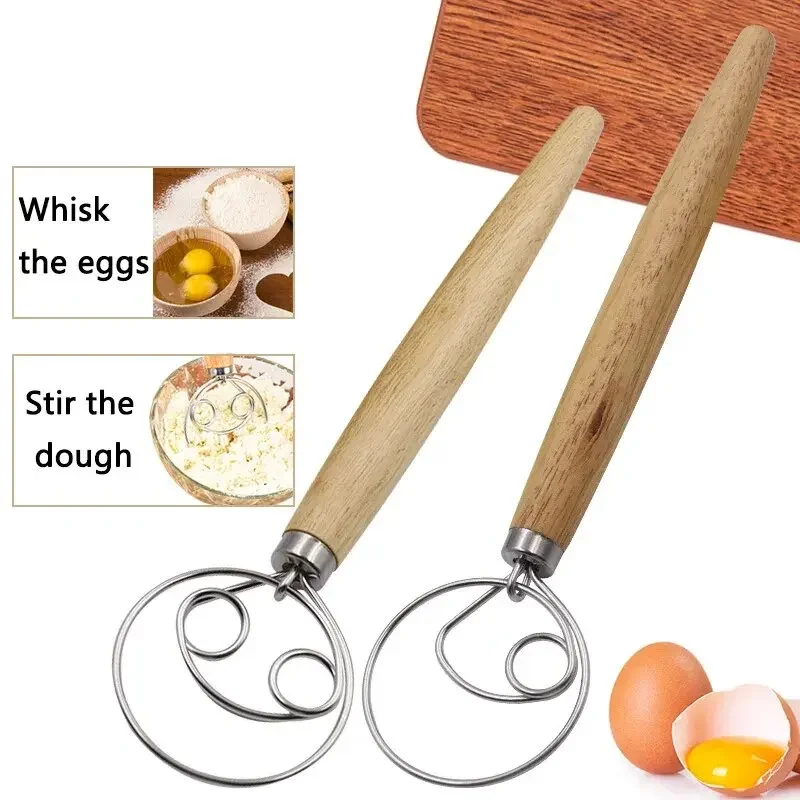 Dough Mixer Wooden Handle 430 Stainless Steel Bread Dough Whisk Bread Baking Bread Pastry & Pizza Dough Mixer Accessories Tools