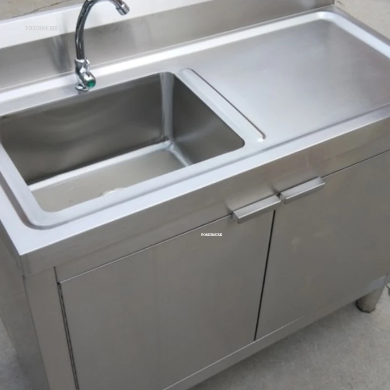 Stainless Steel Kitchen Sinks Cabinet Commercial Dishwashing Sink With Operating Table Floor Integrated Wash Basin Sink Cabinet