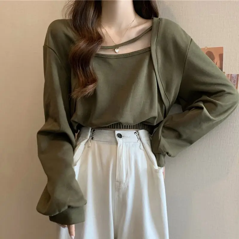 

Hollow Out Sweatshirt Hoodie Streetwear Long Sleeve Pullover T-shirt Korean Fashion Casual Loose Fake Two Pieces Set Cropped Top