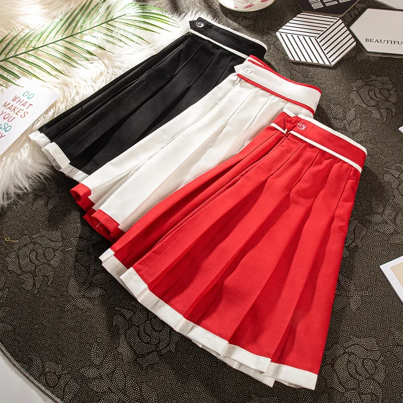 

Contrasting Colors High Waist A-Line Women Striped Stitching Sailor Pleated Skirt Elastic Waist Sweet Girls Dance Skirt