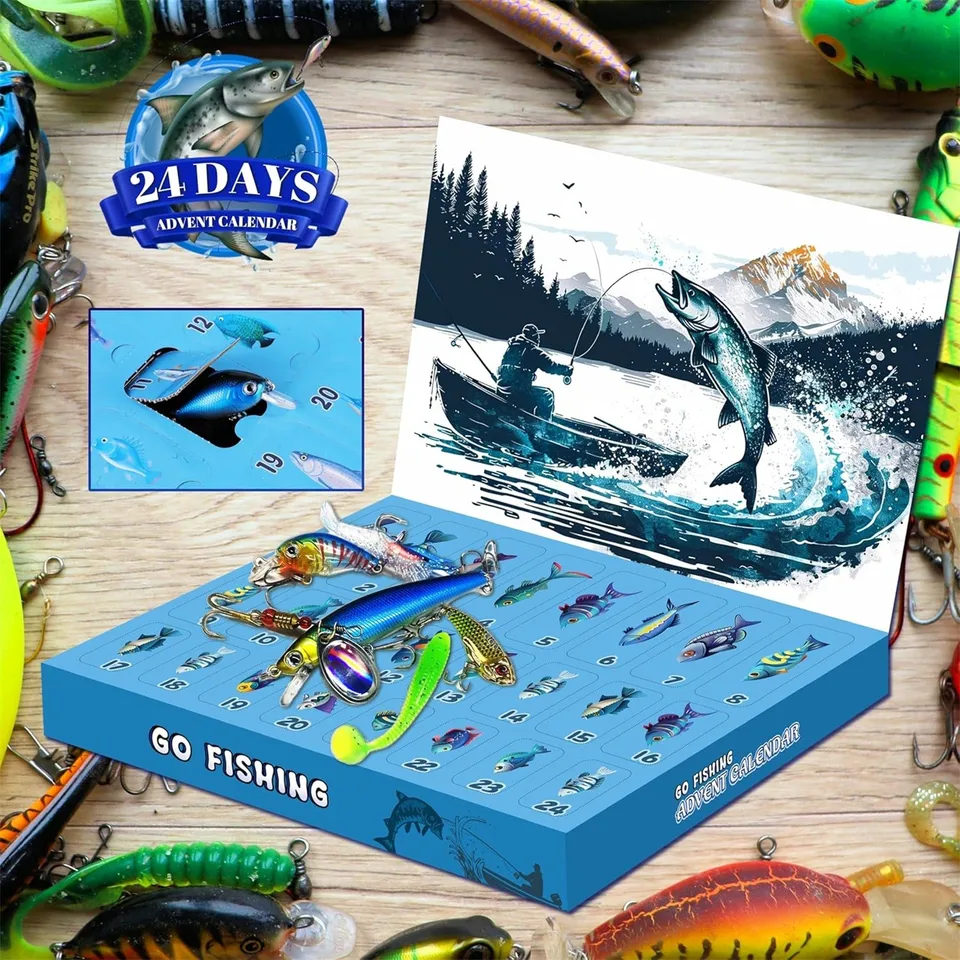 Calendario Avvento Pesca, Calendario dell'Avvento con Esche Artificiali e Accessori per il Conto alla Rovescia Natalizio, Regali di Natale per Uomini, Adolescenti, Ragazzi Appassionati di Pesca