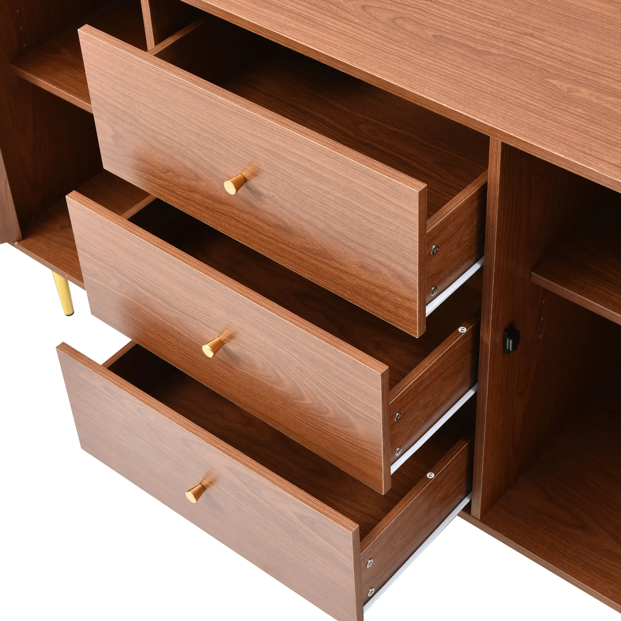 Kommode mit 2 Türen, 3 Schubladen, Rattanschränken, verstellbarem Regal, Walnuss-Finish – H90/B150/T40 cm. – Detail 7