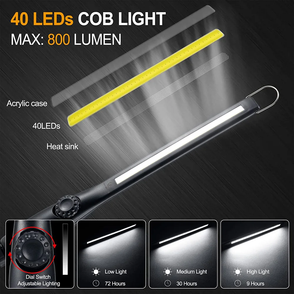 COB LED Flashlight Magnetic Work Light USB Rechargeable Torch Hook Portable Lantern Inspection Light for Home Camping Car Repair led flashlight