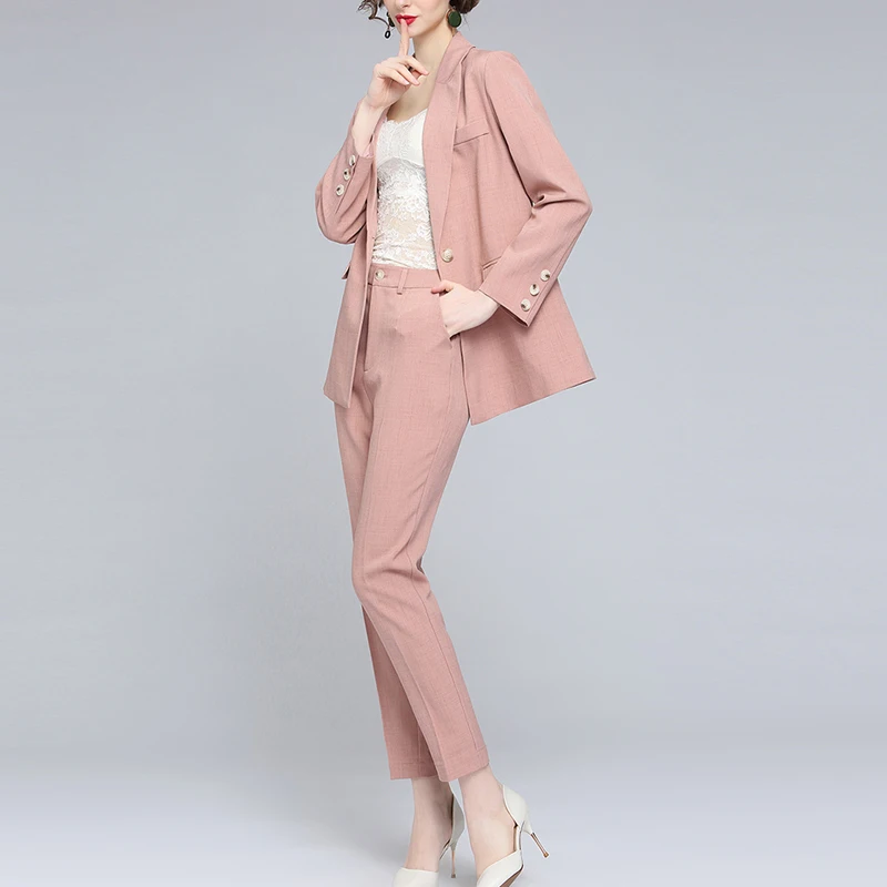 

Women's Pink Jacktet Single Breasted Notched Blazer Office Suit Pantsuit Solid Long Sleeve Suit + Trousers Blazer Women Mujer