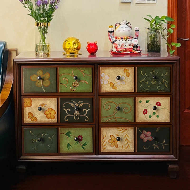 

Solid wood drawers for storage, living room, large capacity balcony, vintage furniture, painted five bucket cabinets