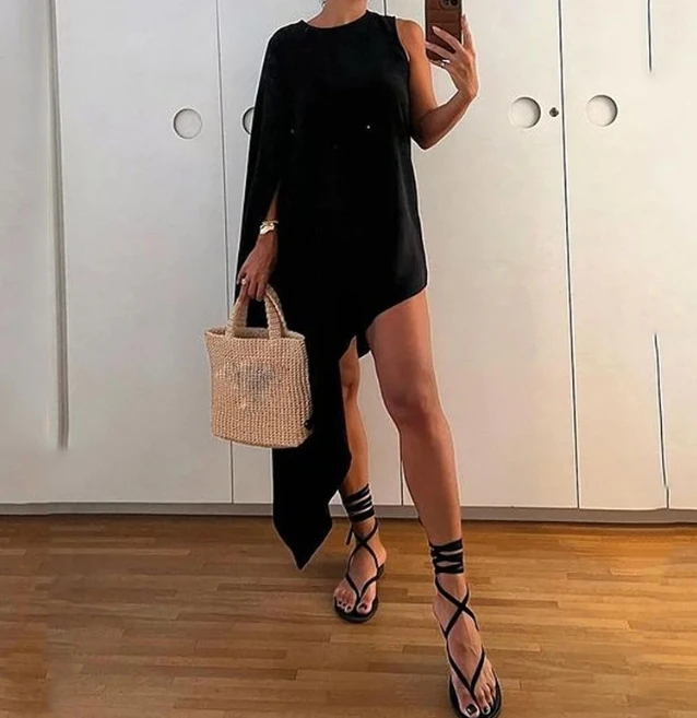 

Women's Dresses 2023 Temperament Irregular Dress Fashionable Sexy Round Neck Single Sleeve Loose Solid Color High Waist Dress
