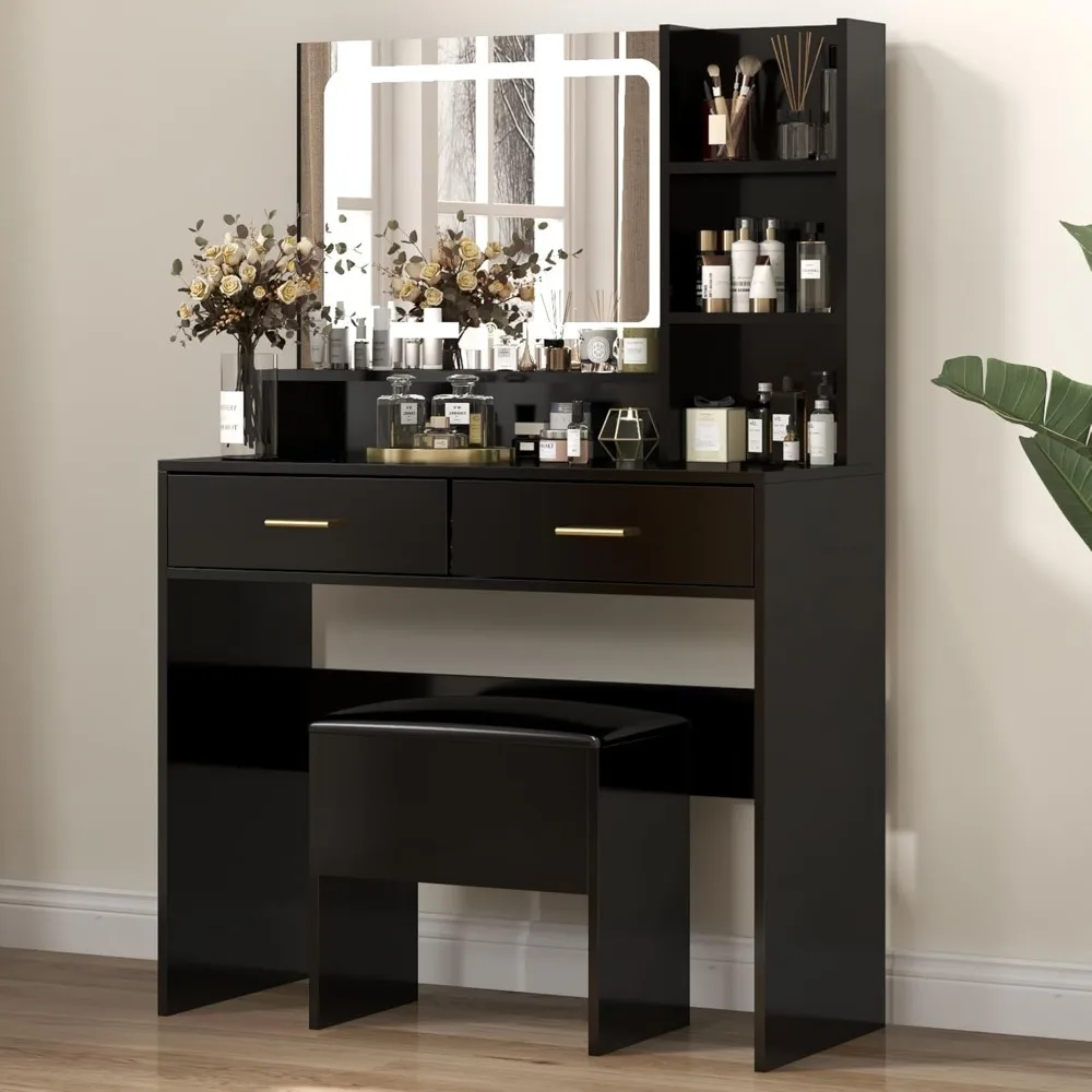 Makeup Vanity with Mirror & LED Lights，Makeup Vanity Table with 2 Drawers & 4 Storage，Small Set Storage Stool