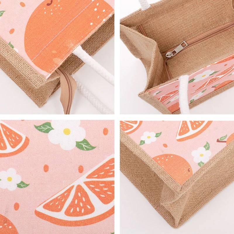 Fruit Printing Burlap Jute Tote Bags with Handles Wedding Bridesmaid Gift Bags Art Crafts Summer Beach Shopping Handbag Reusable