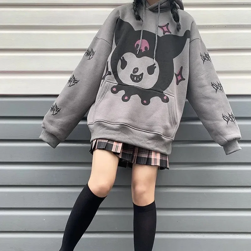 Women Cute Long Sleeve Casual Velvet Hooded Pullovers Harajuku Anime Kawaii Hoodies Japanese E Girl Streetwear Loose Sweatshirt