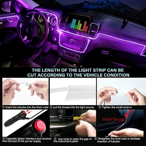 ANMINGPU 자동차 인테리어 LED 주변 스트립 조명, 무선 앱 제어, RGB 6 인 1 분위기 조명, 광섬유 자동차 네온 조명 4