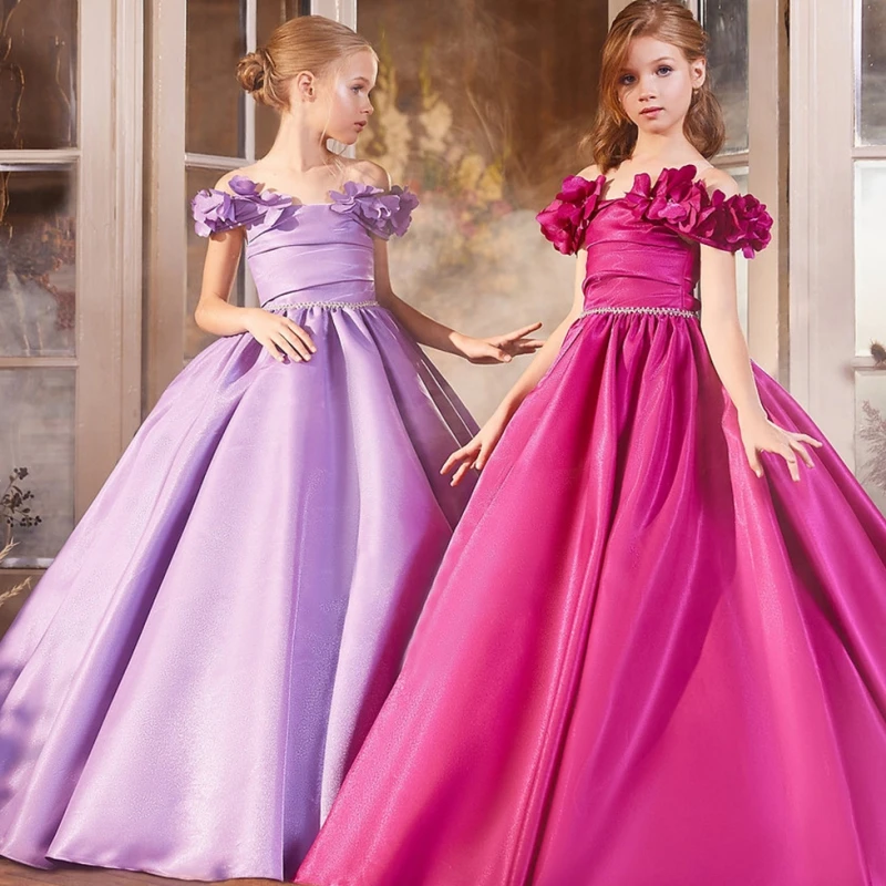 

Satin Flower Girl Dress For Wedding Party Off The Shoulder Girl Princess Dress First Communion Girl Dresses