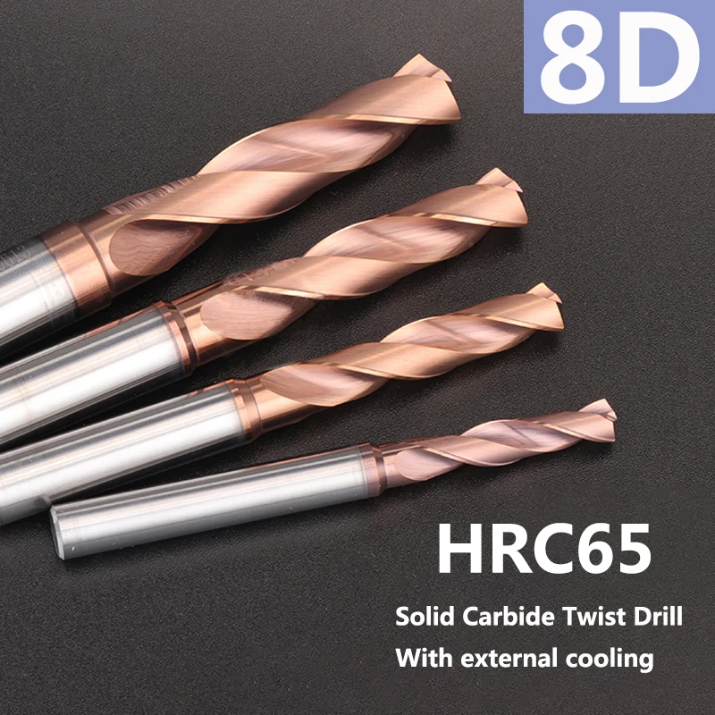 YZH HRC65 Carbide Twist Drill Bit With External Cooling 8D Diameter 3mm~10mm Tungsten Steel For Hard Metal Drilling CNC Machine