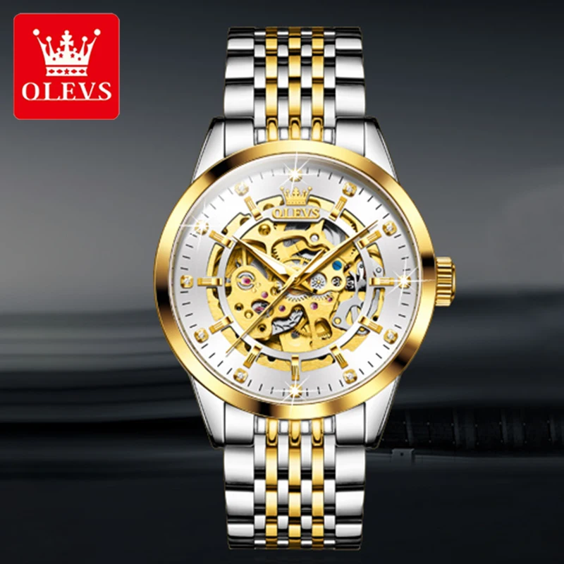 

OLEVS Business Men's Watches Top Brand Luxury Original Waterproof Machinery Watch for Man Gold Skeleton Style 24 Hour Day Night