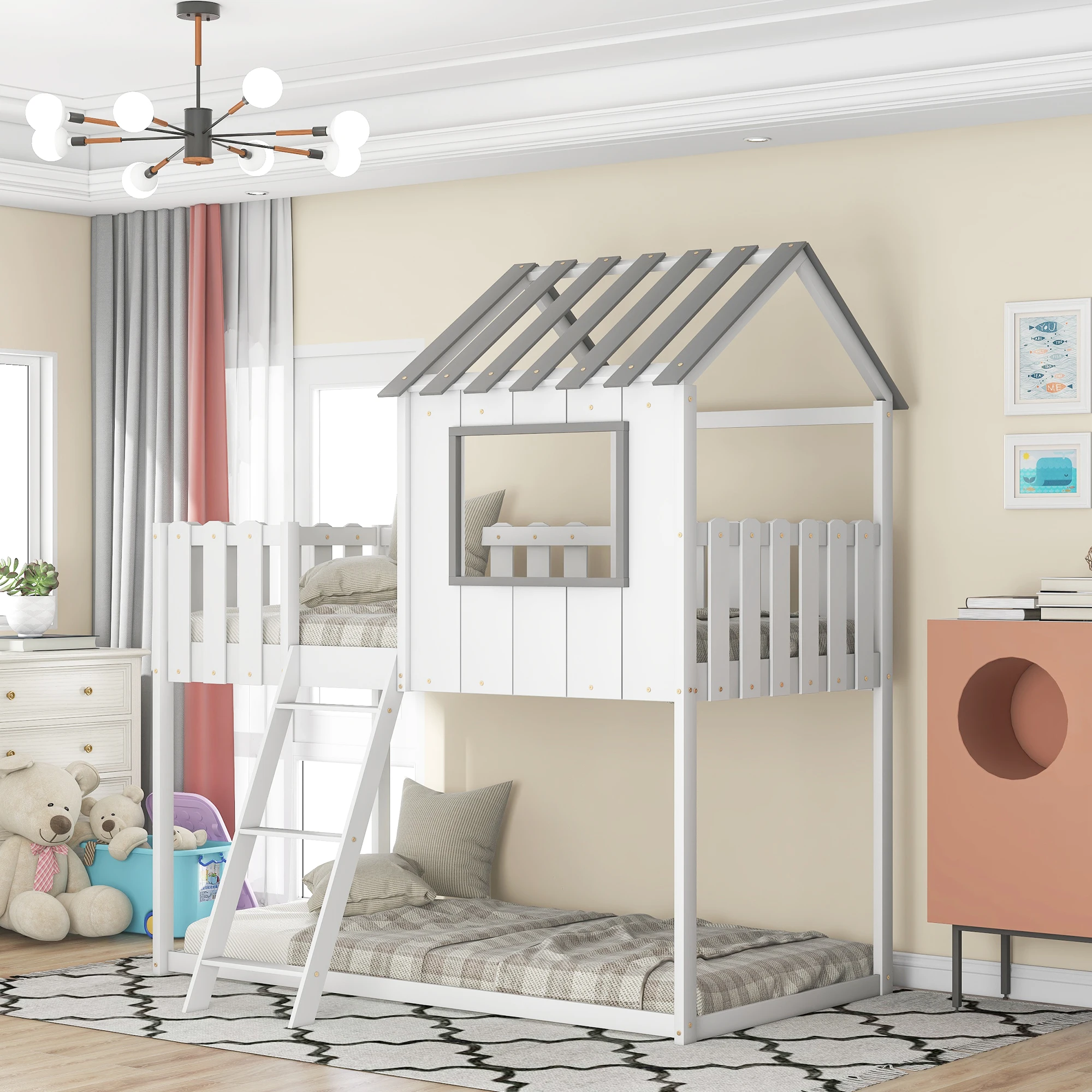 

Bunk House Bed Frame Twin Size with Rustic Fence-Shaped Guardrail Pine 37"x75"x78" White/Gray[US-Stock]